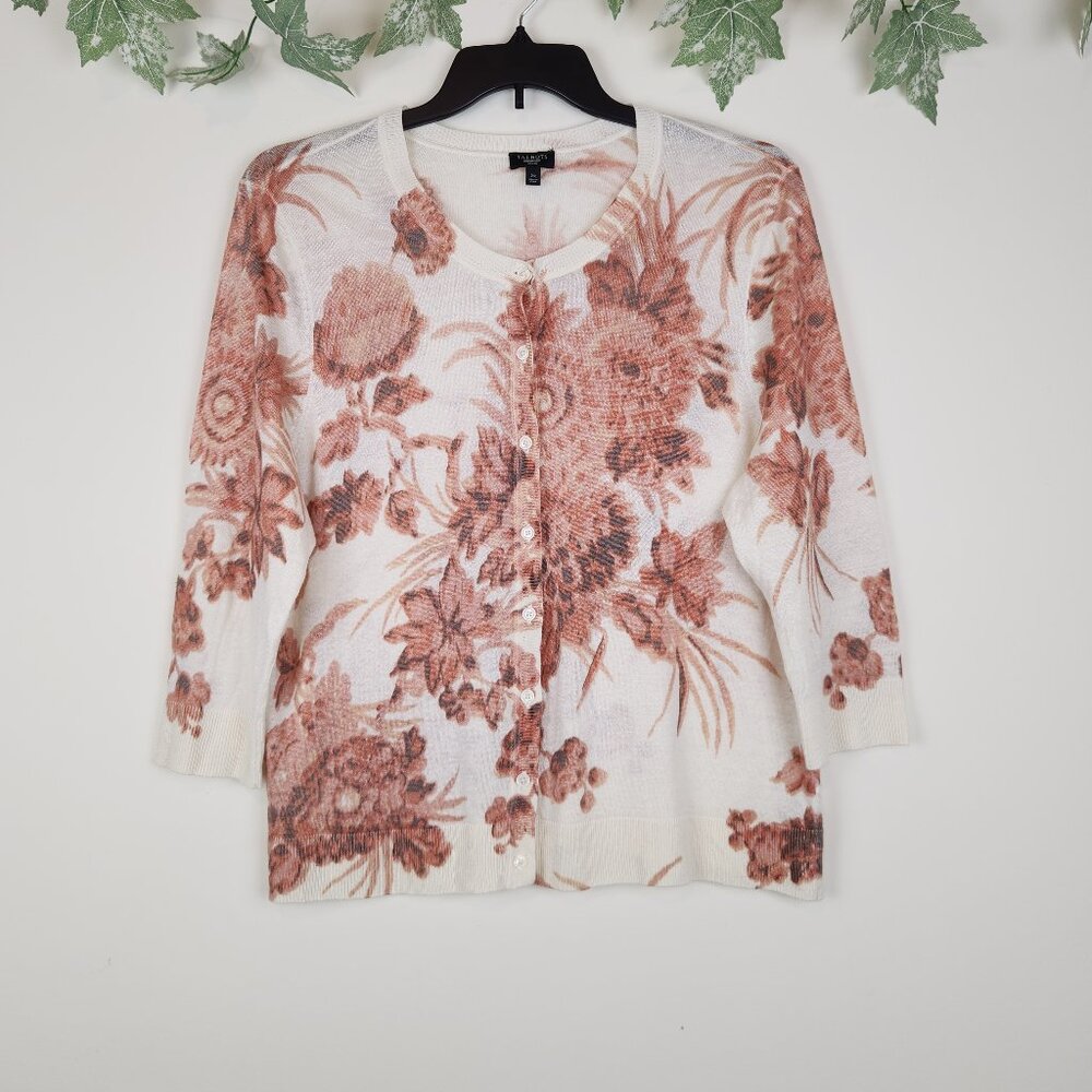 Talbots Woman Size 2X Floral Linen Blend Boho 3/4 Sleeve Top Sweater Cardigan